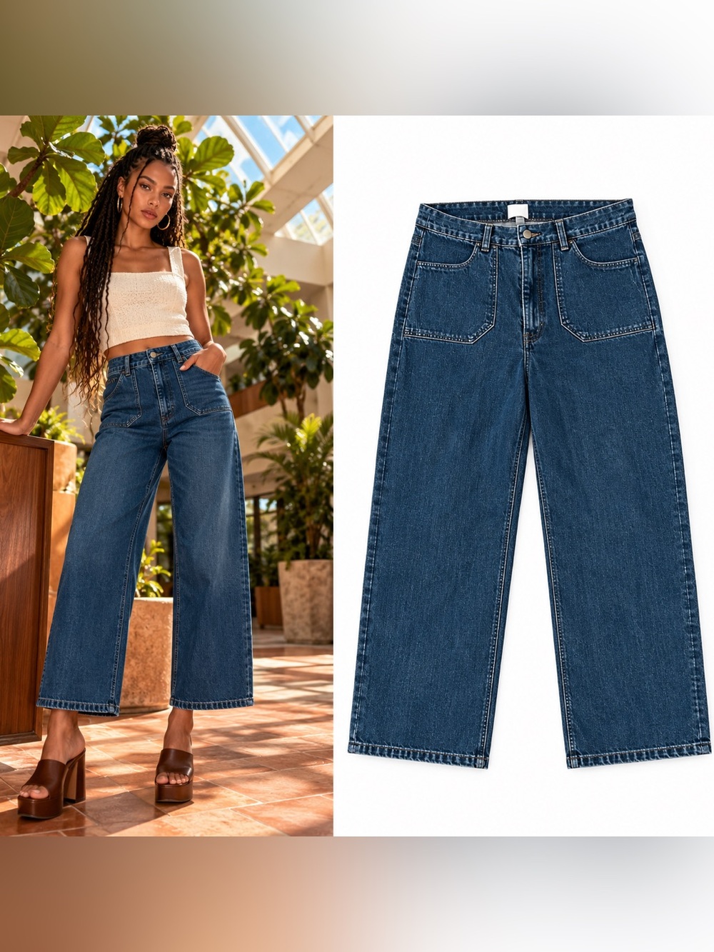 Loup NYC Simone Jeans M Dark Indigo High Rise Wide Leg Button Fly Patch Pocket